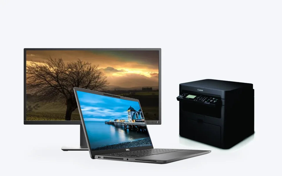 Bộ thiết bị văn phòng: màn hình, laptop, máy in